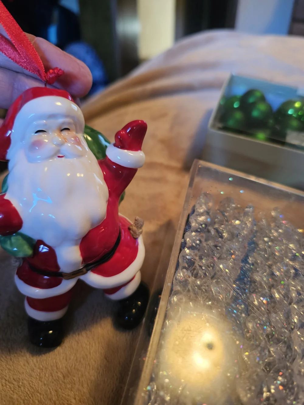 Holiday Santa Figurine and Assorted Green & Pink Ornaments
